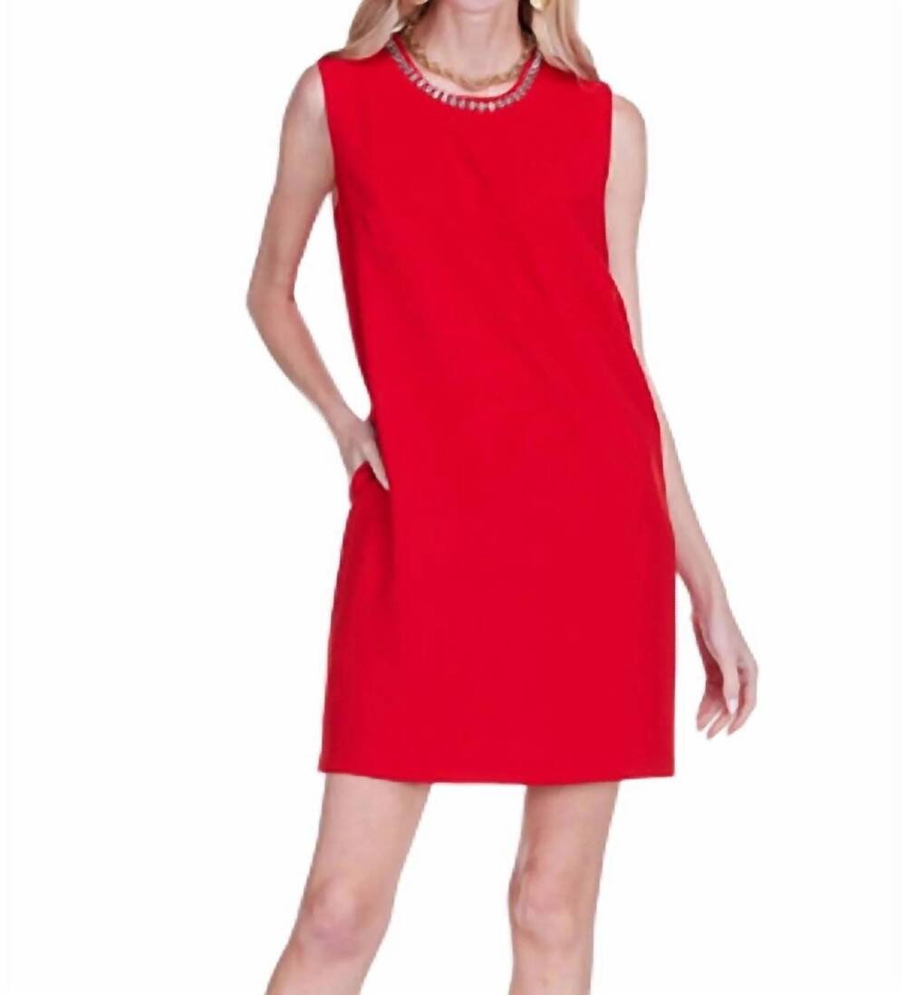 NEW JADE embelished neck shift dress in red